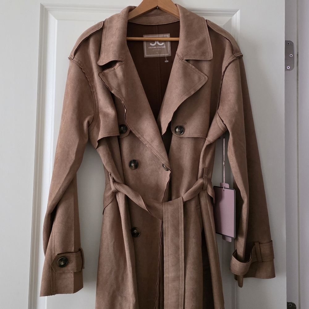 Culture Couture Trench Coat Faux Suede Preppy Academia Womens Size L NWT Tan - Picture 9 of 10